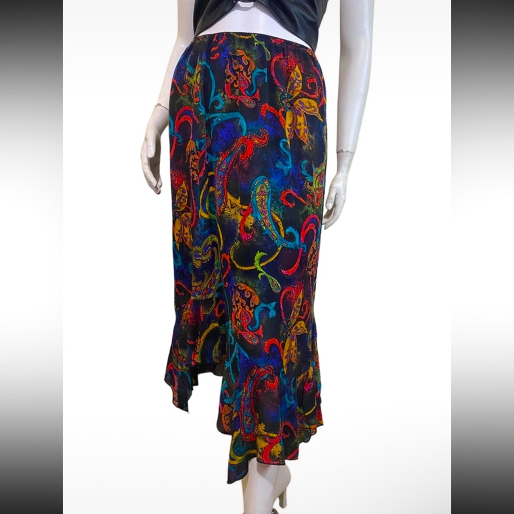 Chicos Design 100% Silk Multicolor Handkerchief Hem FairyCore Midi Skirt Sz 1
